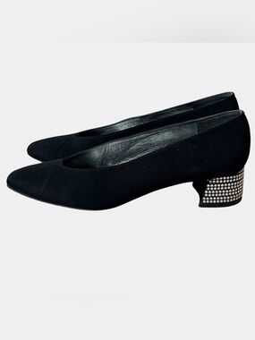 Stuart Weitzman Black Satin Pumps Rhinestone Heel Square Toe 7.5 AA